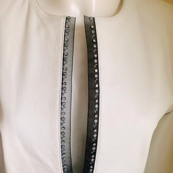 White Real lamb leather blazer Jacket Black Chiphon Trim With Rhinestones Eur L - Picture 7 of 13